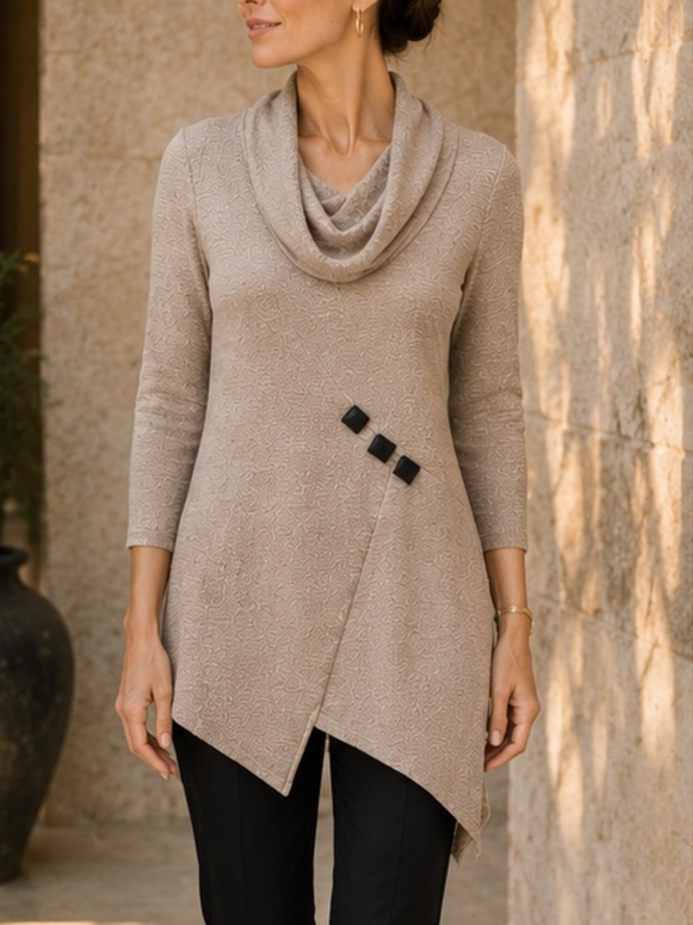 Yushi USA Tan Textured Knit Asymmetrical Tunic 3/4 Artsy Cowl  S